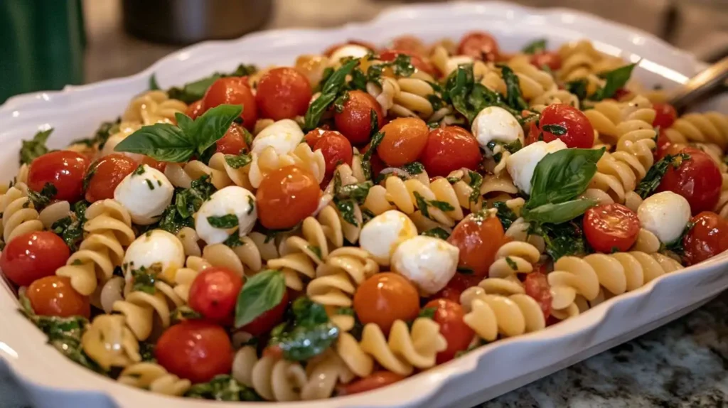 Caprese pasta salad with cherry tomatoes, mozzarella balls, and fresh basil on a picnic table.