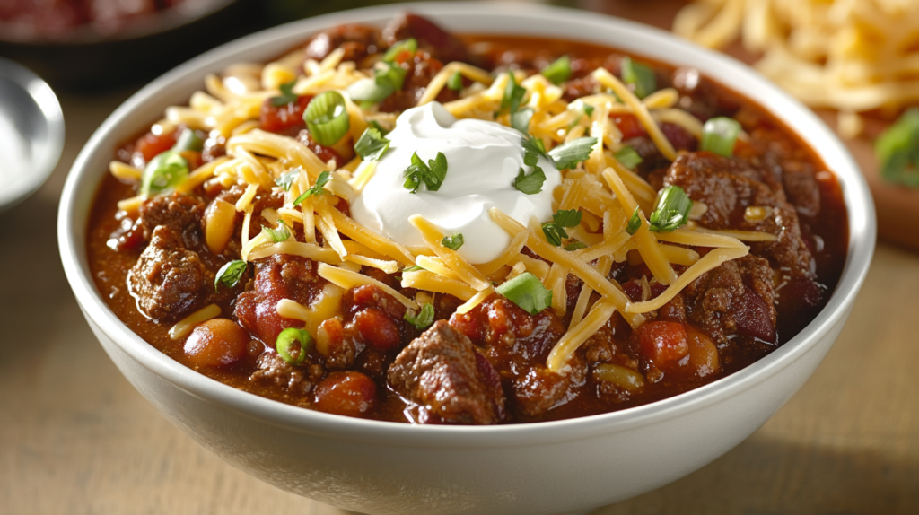 Slow cooker chuck steak chili garnished with cheese and sour cream.