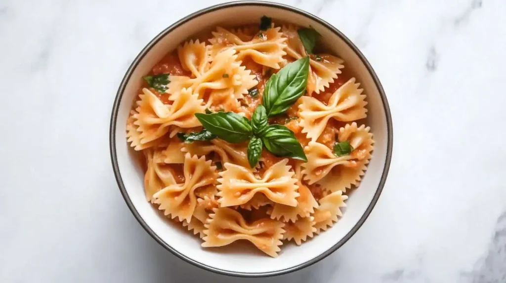 Bow Tie Pasta with Tomato Sauce and Basil Garnish.