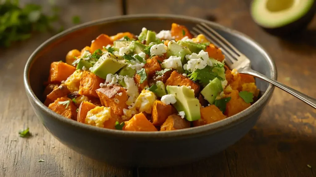 Healthy air fryer sweet potato breakfast bowl with eggs and avocado – a nutritious morning meal.