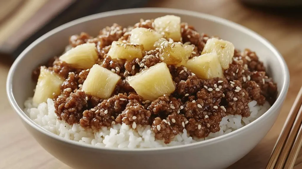 Asian Teriyaki Hamburger and Rice - Sweet and savory teriyaki beef with pineapple chunks and sesame seeds.