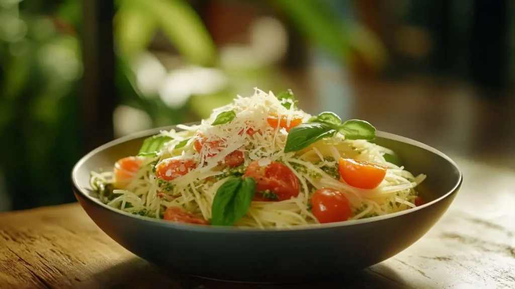 Pesto Angel Hair Pasta with Cherry Tomatoes - Fresh and vibrant pasta dish with green pesto and tomatoes.
