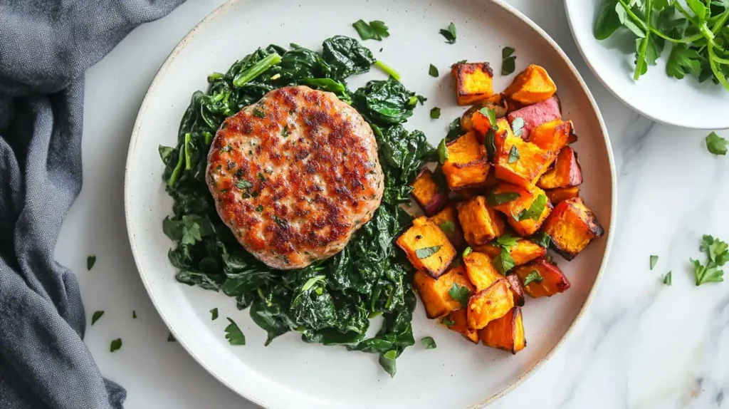 Spicy Chicken Breakfast Sausage Patty served with spinach and sweet potato hash