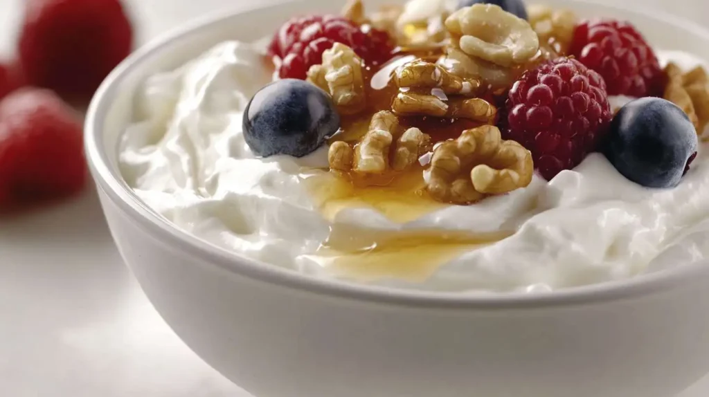 Greek yogurt with walnuts, honey, and figs.