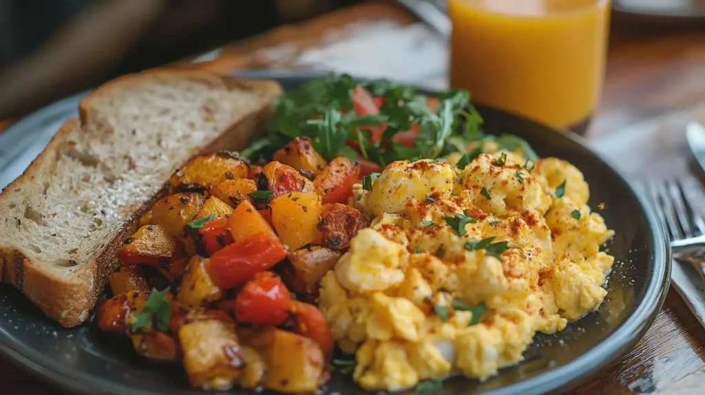 High-protein breakfast for football players with eggs and toast.