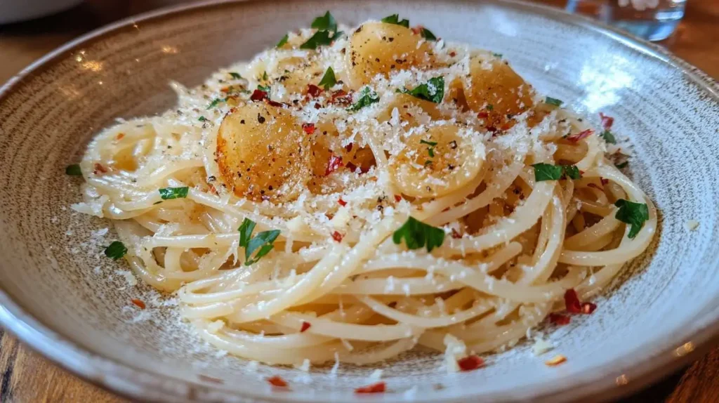 Garlic and Olive Oil Angel Hair Pasta - Aglio e Olio garnished with Parmesan.