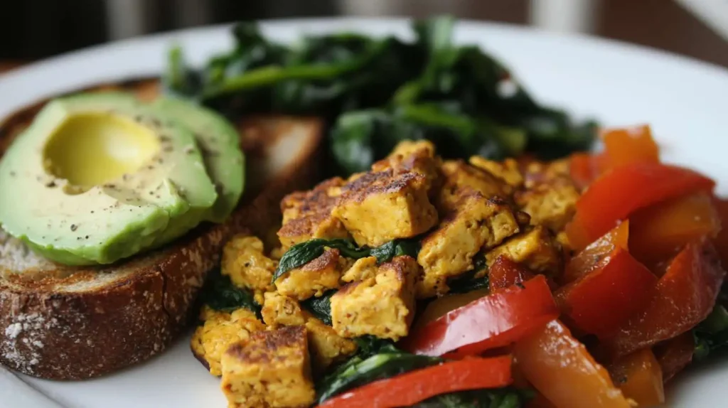 Easy vegan breakfast recipes with tofu scramble and fresh vegetables.