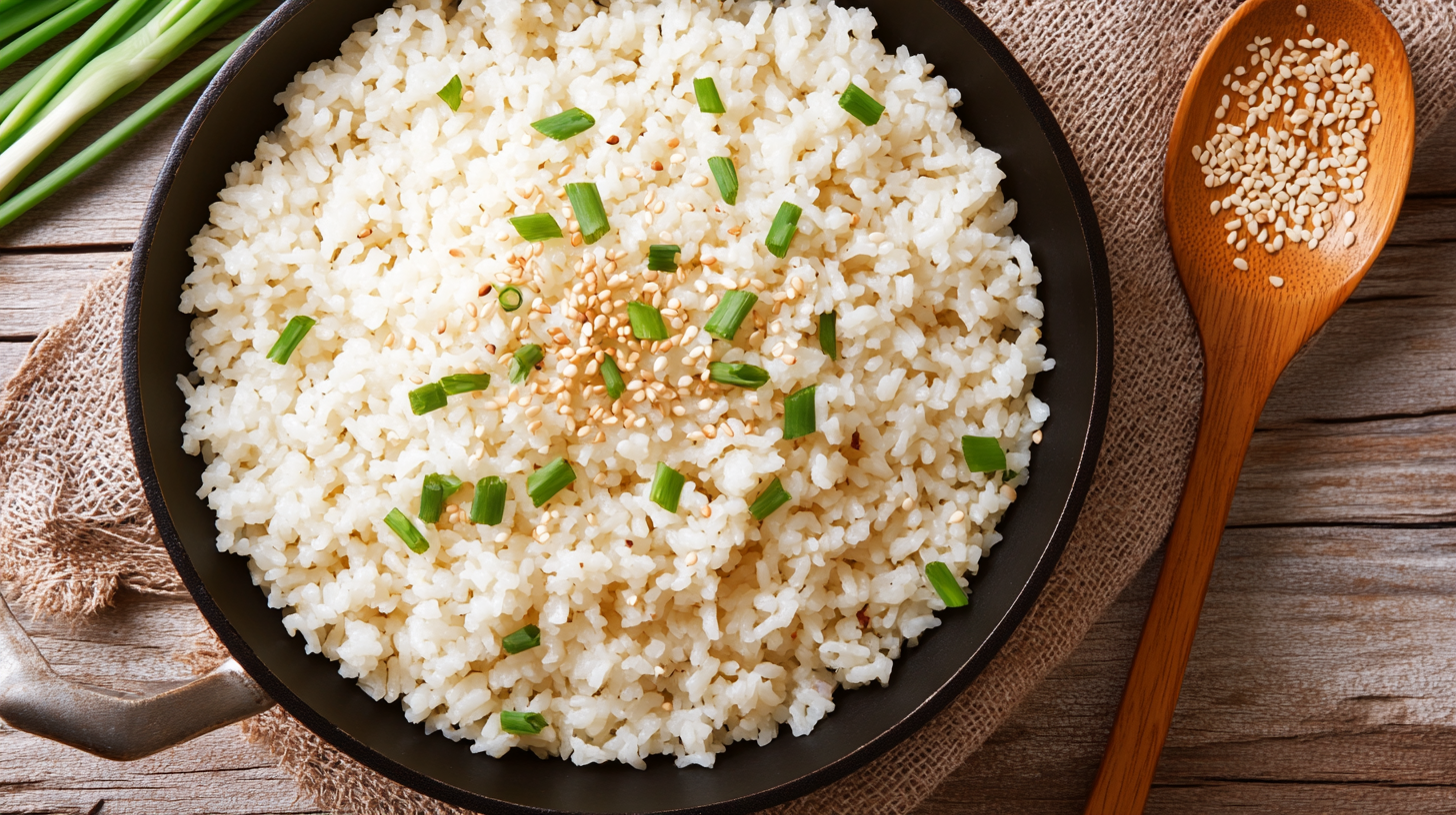 Perfect Crispy Rice Recipe - Golden Brown Rice with Sesame Seeds and Green Onions in a Skillet.