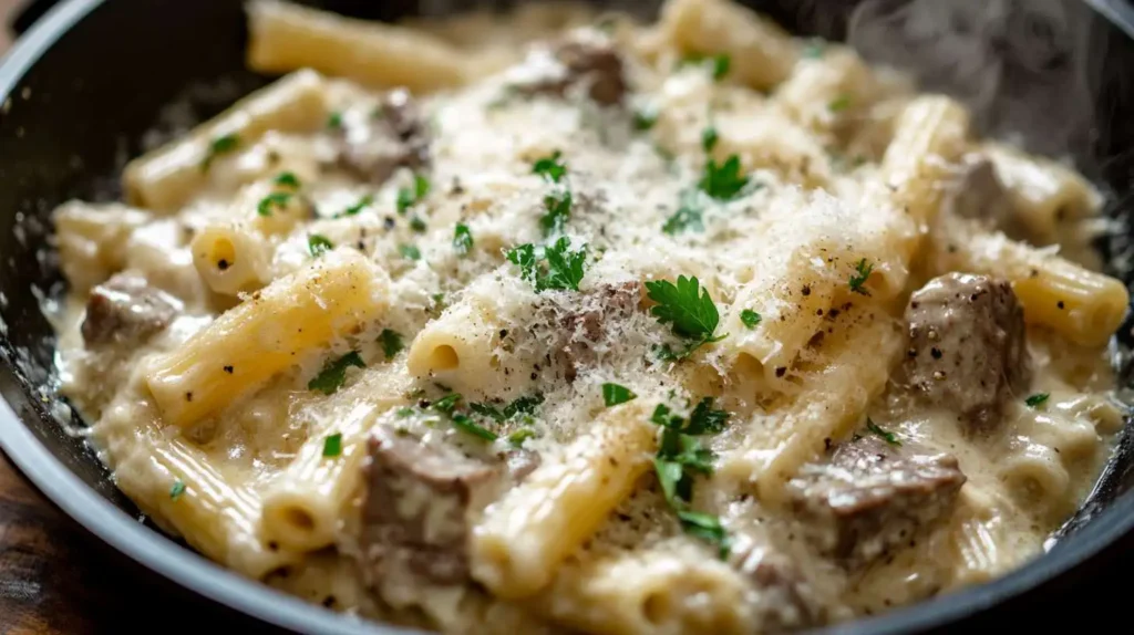 Creamy Garlic Parmesan Steak Pasta in Skillet