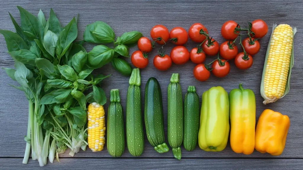 Fresh seasonal ingredients like zucchini, cherry tomatoes, bell peppers, and basil on a wooden table.