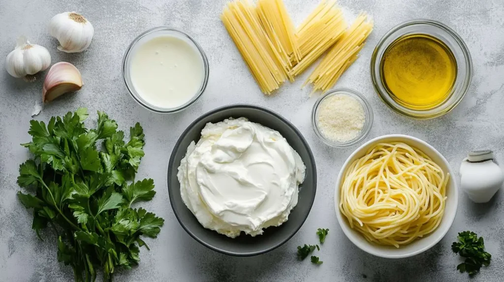 Ingredients for Boursin Pasta Recipe - including Boursin cheese, garlic, cream, and pasta.