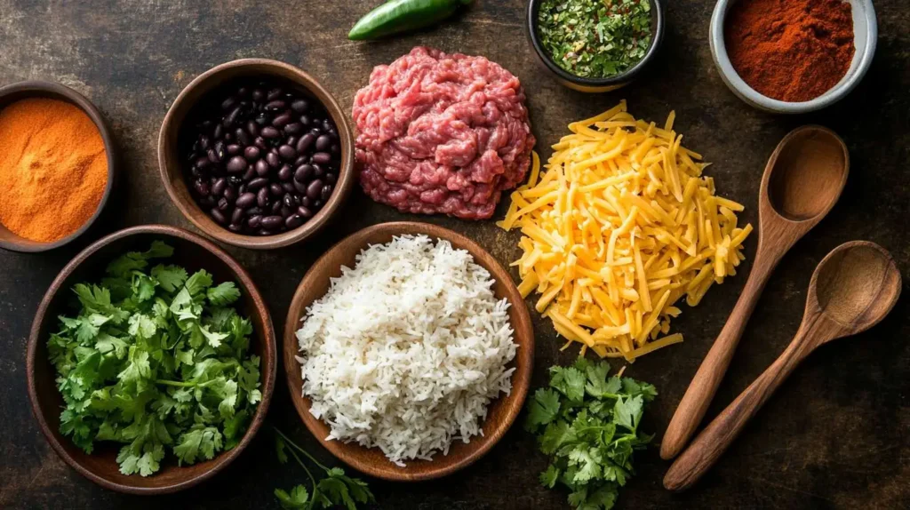 Step-by-step images of assembling a beef burrito with rice, beef, and beans