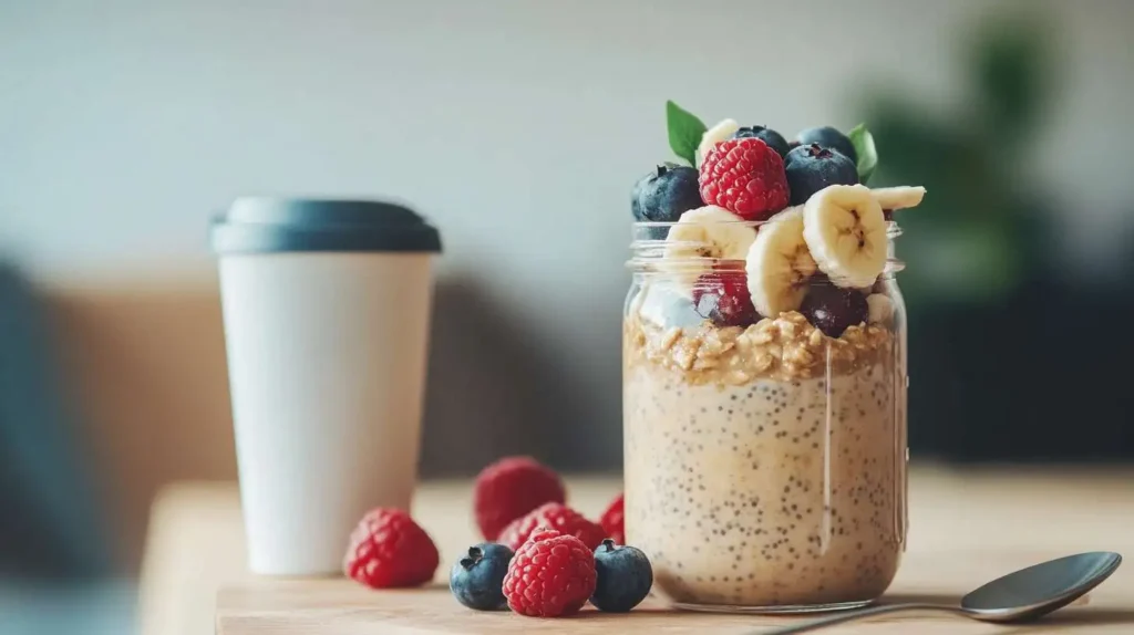 Quick vegan breakfast options with overnight oats topped with fresh berries and banana for busy mornings.
