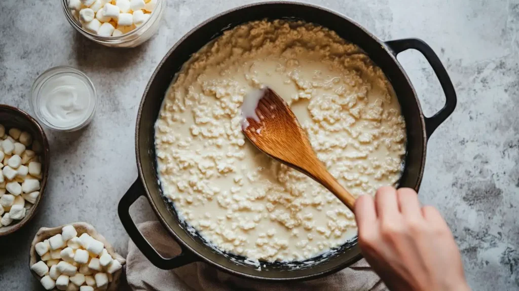 Stirring Rice Krispies into Melted Marshmallows.