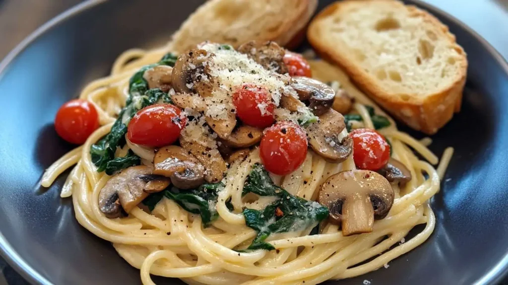 Boursin pasta with added spinach, cherry tomatoes, and mushrooms for a healthy twist.
