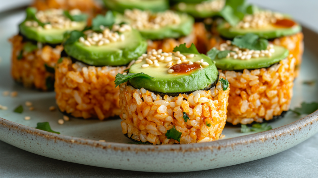 Spicy Crispy Rice Bites with Sriracha Mayo and Avocado.