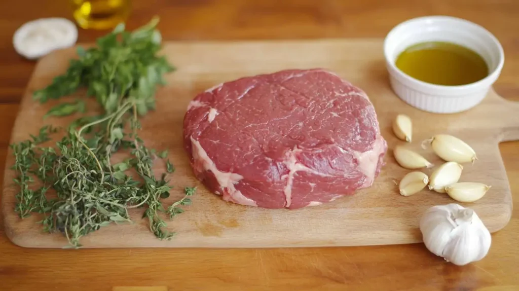 Preparing beef chuck steak with a meat mallet, fresh herbs, and garlic.
