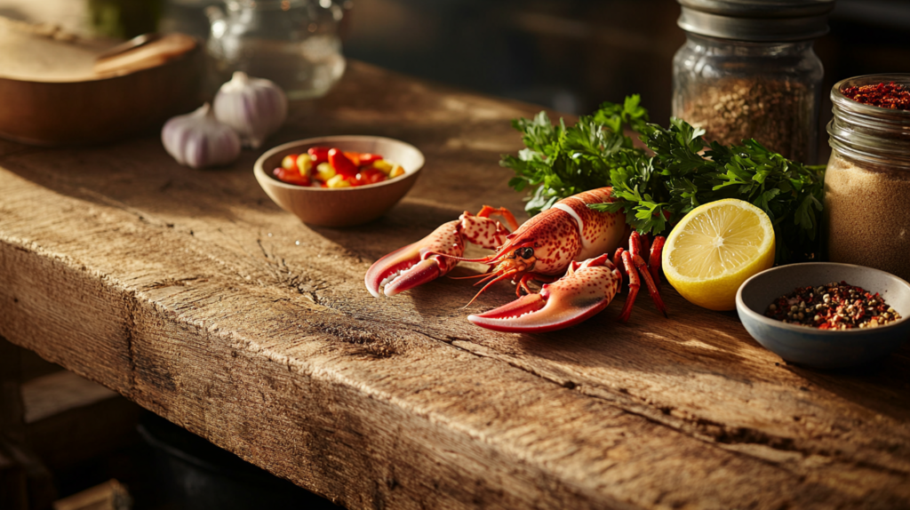 Fresh lobster meat, parsley sprigs, herbs, and spices with a squeeze of lemon.