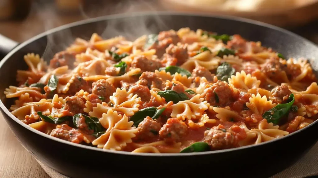 One-Pot Bow Tie Pasta with Sausage and Spinach.