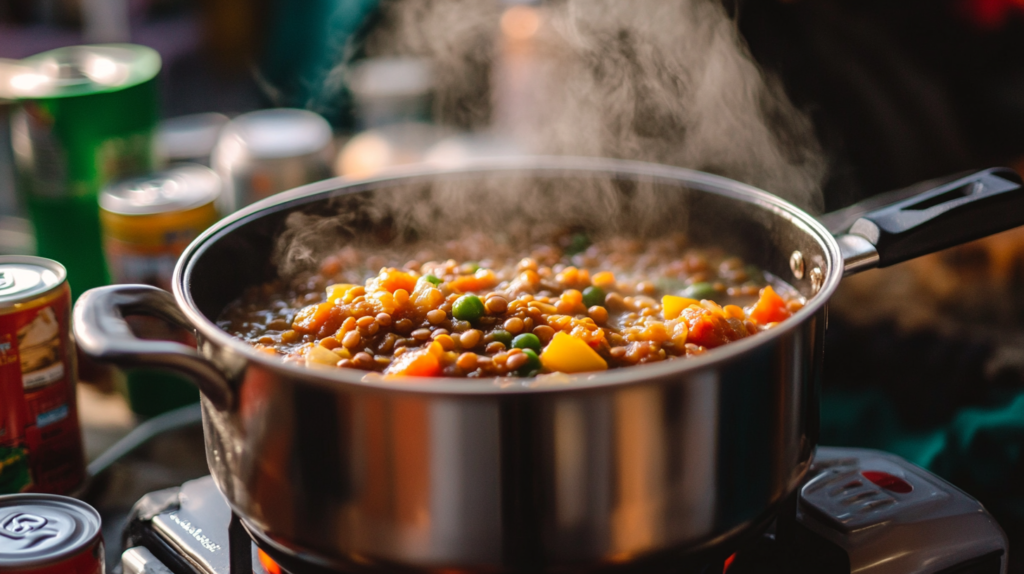 Survival cooking with lentil stew on a camping stove.