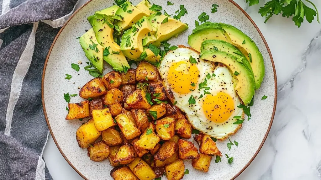 One-pan air fryer breakfast potatoes and eggs cooking together in an air fryer basket – an easy and healthy breakfast.