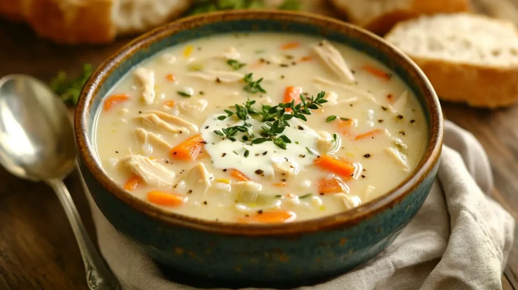 Creamy chicken vegetable soup with rice garnished with herbs and served in a ceramic bowl.