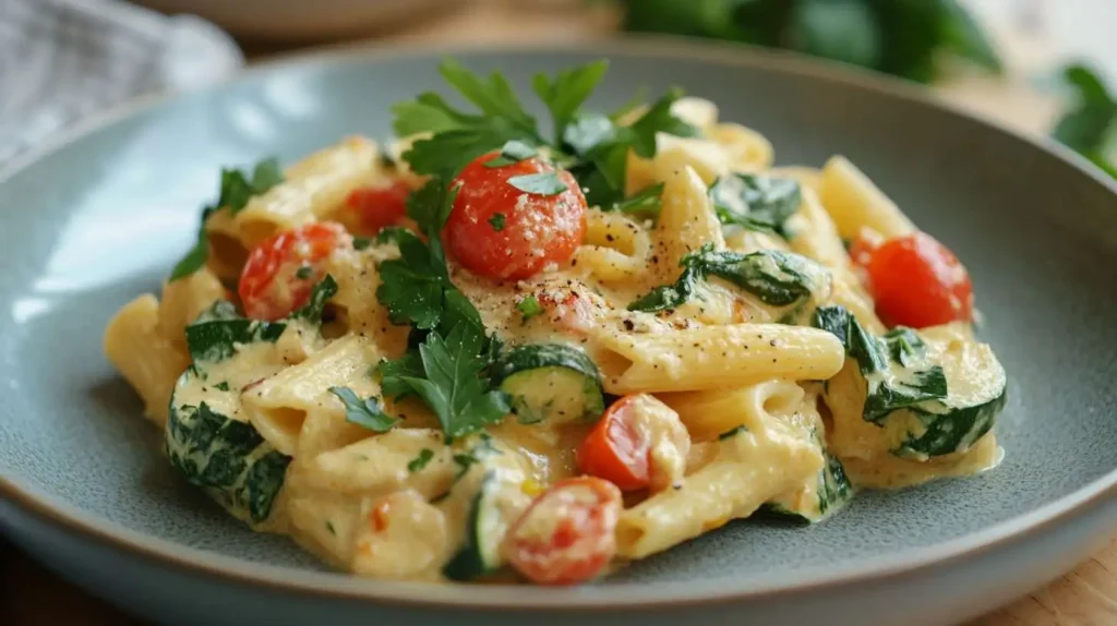 Vegetarian Cajun pasta with zucchini, spinach, and cherry tomatoes in a creamy sauce.