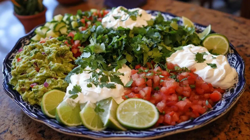 Guacamole, salsa, and sour cream served with tortilla chips for burritos