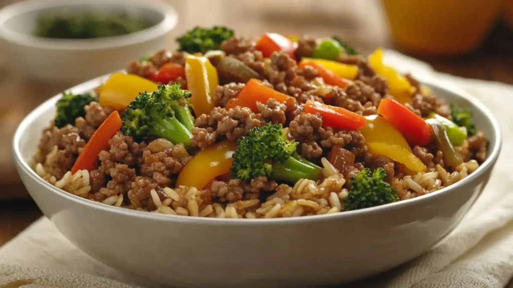 Healthy Hamburger and Brown Rice Stir-Fry - Packed with protein, fiber, and colorful vegetables.
