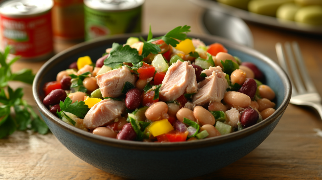 Budget-friendly tuna and bean salad for disaster preparedness.
