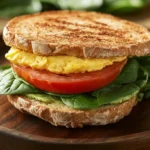 Breakfast sandwich – a healthy vegetarian option with fresh avocado, spinach, and tomato.