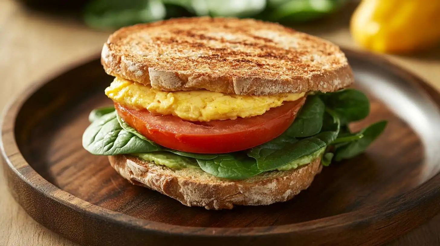 Breakfast sandwich – a healthy vegetarian option with fresh avocado, spinach, and tomato.