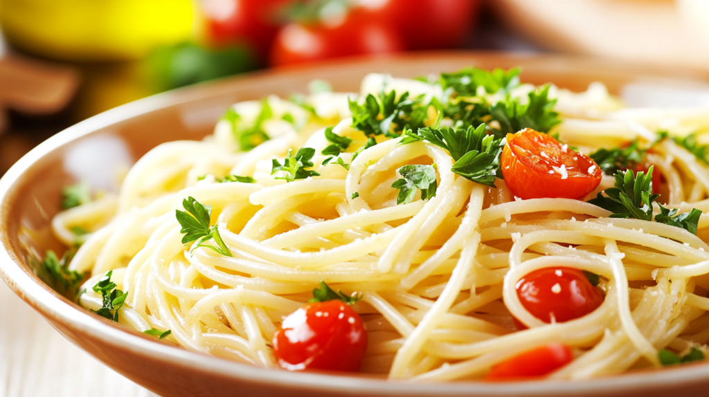 Served gluten-free pasta dish with fresh garnishes like parsley and cherry tomatoes.