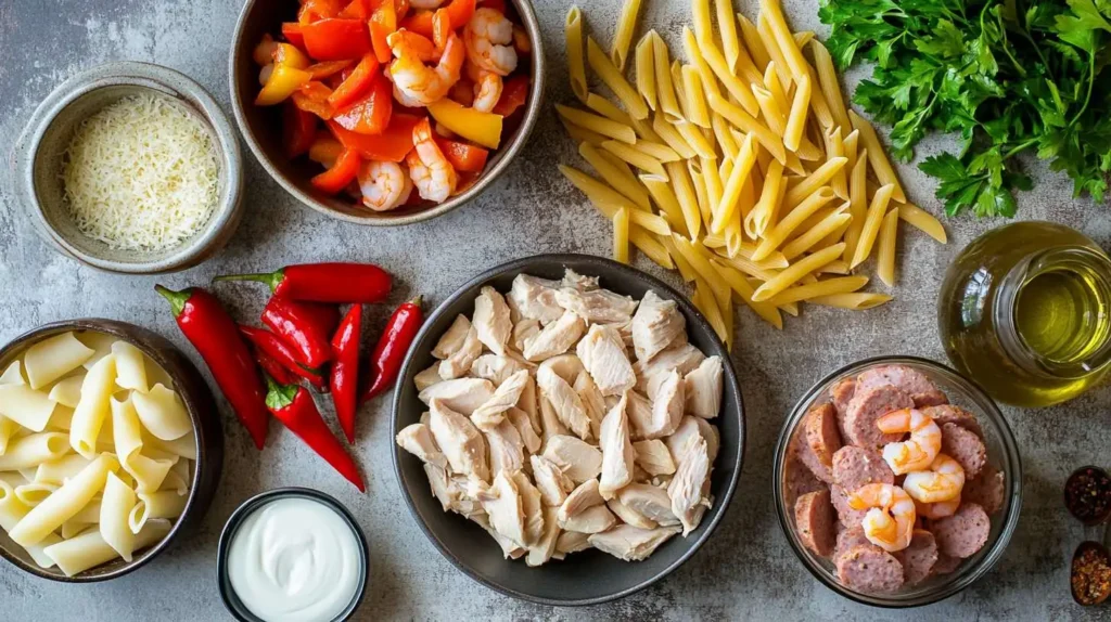 Ingredients for Cajun Pasta including chicken, shrimp, sausage, bell peppers, and Cajun seasoning.