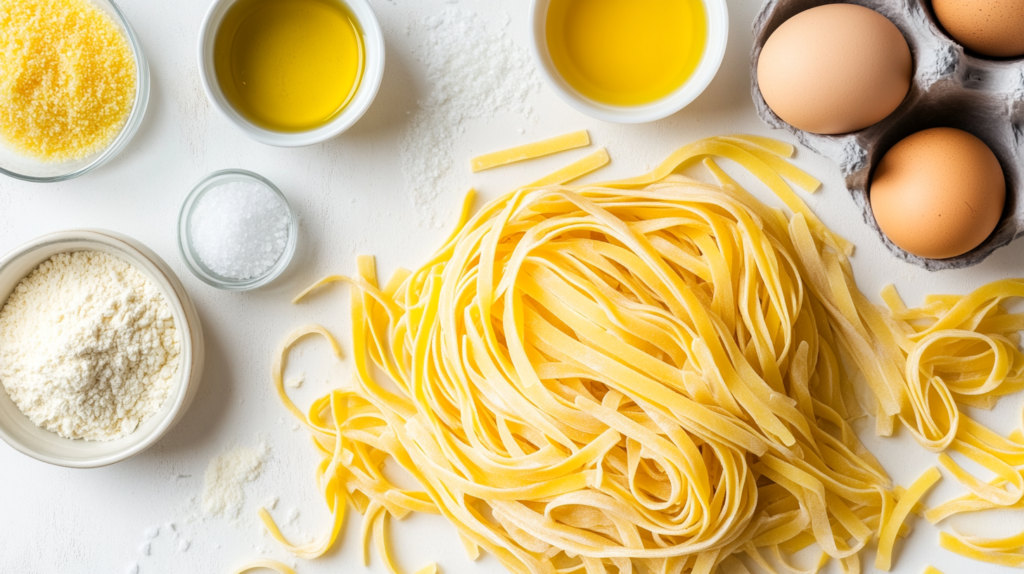 Ingredients for gluten-free pasta dough, including almond flour, tapioca flour, eggs, and olive oil.