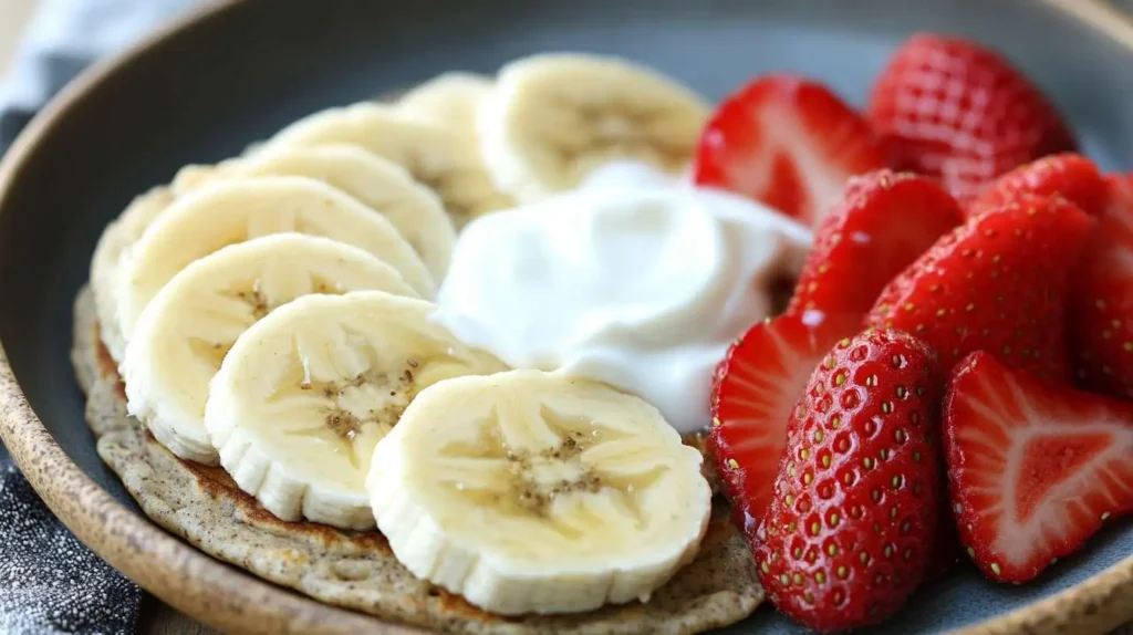 Banana and oat pancakes served with strawberries and yogurt for toddlers.