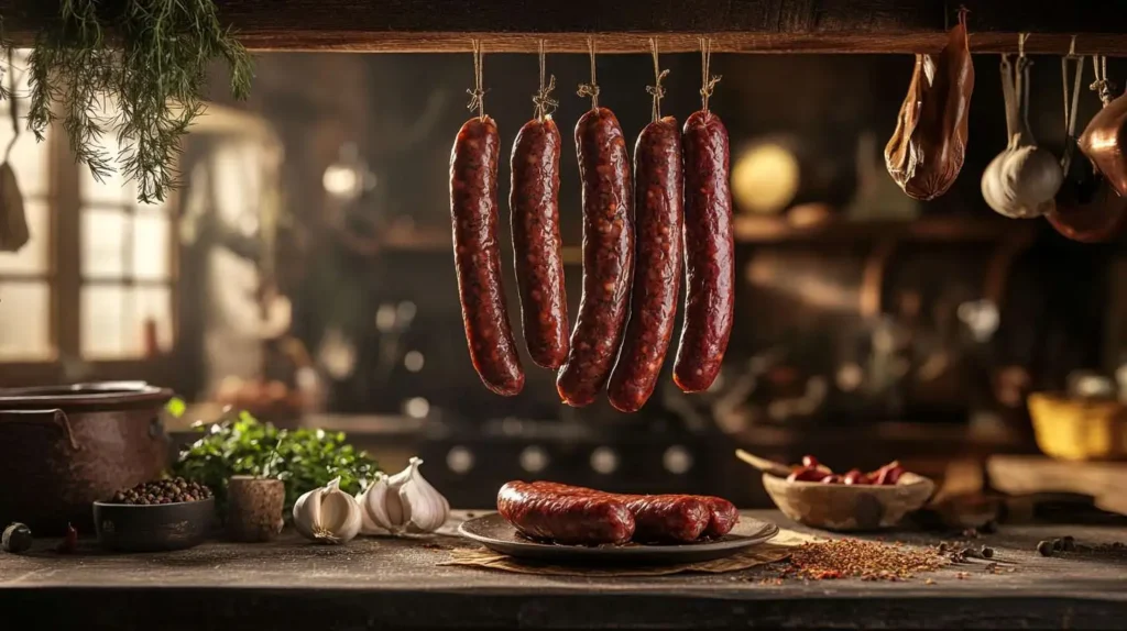 Traditional Italian Sausages Hanging in a Rustic Kitchen