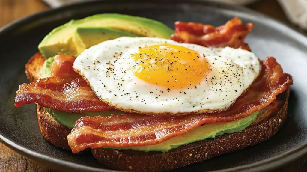 Turkey bacon on whole-grain toast with avocado and egg.