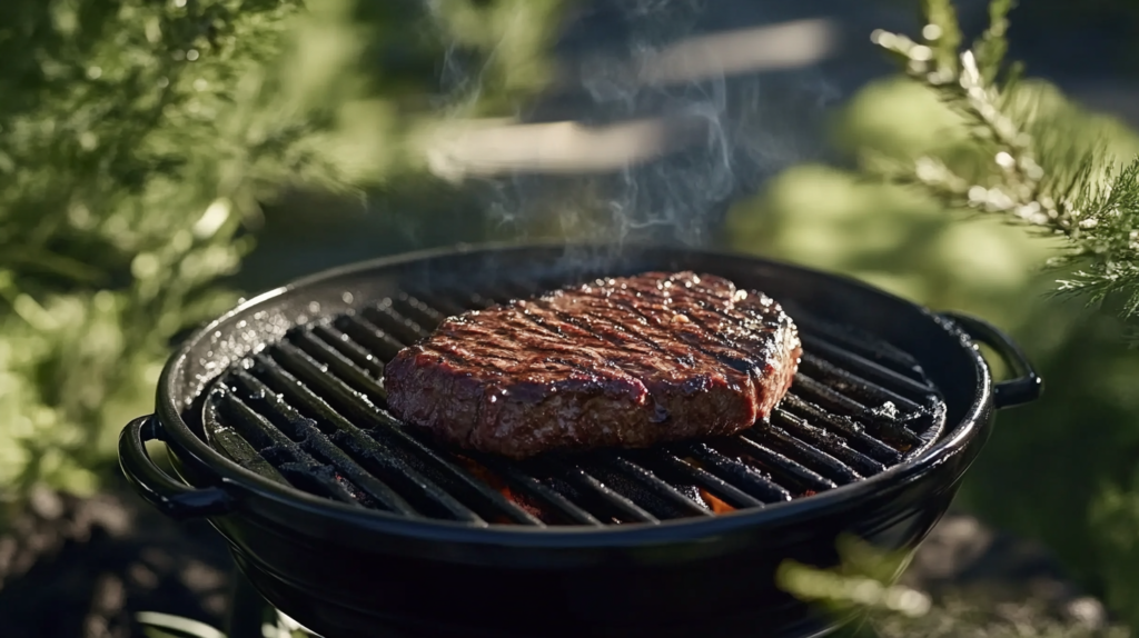 Grilled chuck steak with char marks on a barbecue grill.