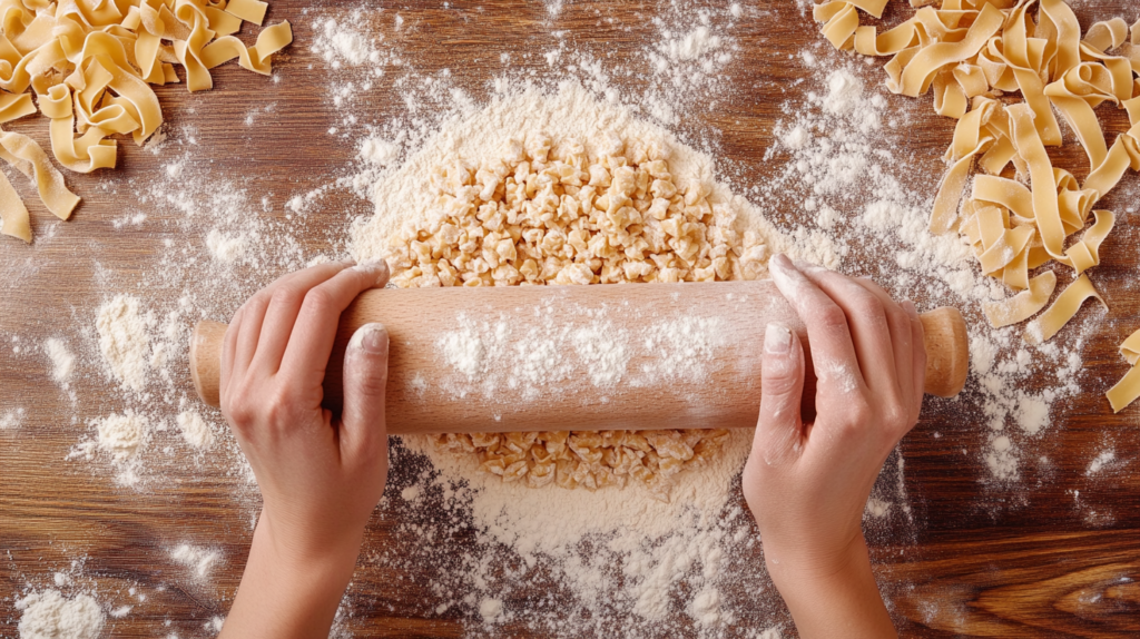 Shaping gluten-free pasta dough with a rolling pin and cutting tagliatelle.