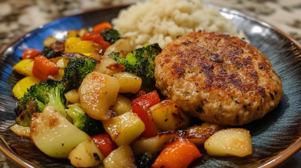 Chicken and apple breakfast sausage patties with sautéed veggies.