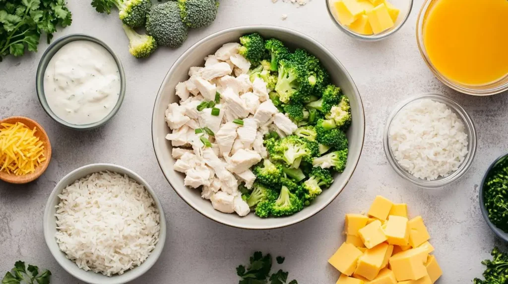 Ingredients for Chicken Casserole Recipe – Chicken, Cheese, Broccoli, Rice