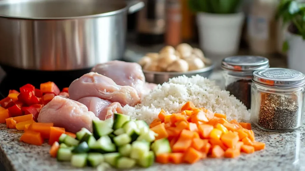Close-up of chicken vegetable soup with rice and colorful vegetables in a bowl.