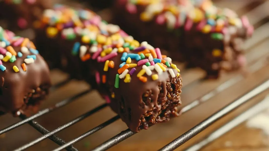 Chocolate-Dipped Rice Krispies Treats with Sprinkles.
