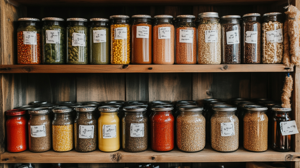 Emergency food pantry stocked with canned goods and grains.