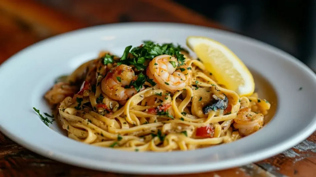 Lemon garlic shrimp linguine garnished with fresh parsley and lemon slices.