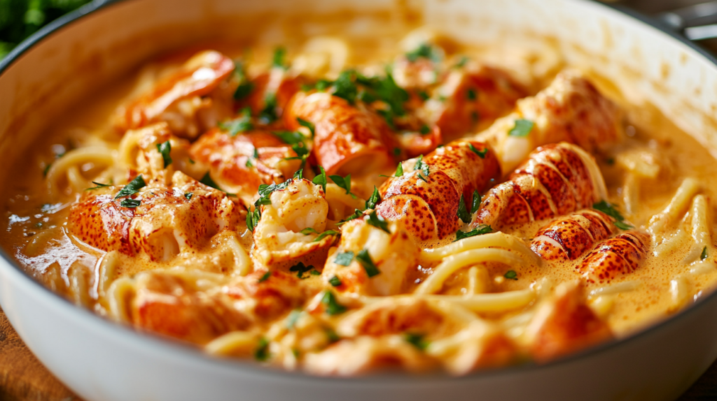 Creamy lobster pasta sauce in a pan.