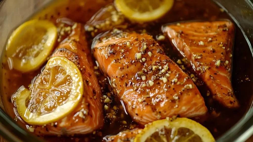 Salmon steaks marinated in soy sauce, garlic, honey, and lemon juice in a glass bowl