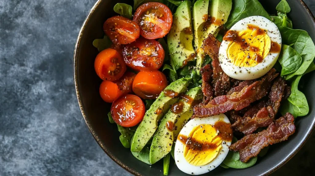 Beef bacon breakfast salad with avocado and eggs