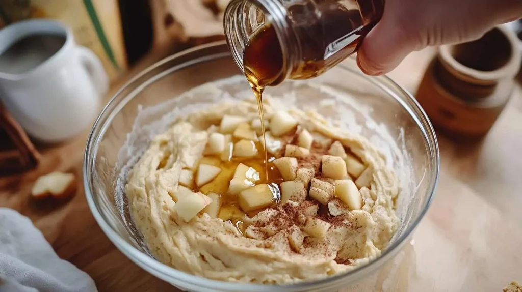 Mixing apple coffee cake batter with cinnamon, apples, and maple syrup for a healthier recipe.